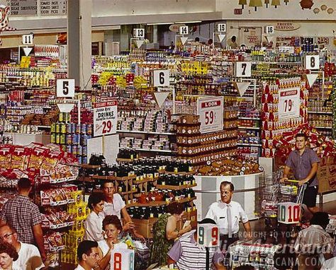 Supermarket close-up (1964) Old Grocery Stores Vintage, 1950s Grocery Store, 80s Grocery Store, 1970s Grocery Store, 1960s Supermarket, Variety Store, Grocery Supermarket, Store Ads, Retro Ads