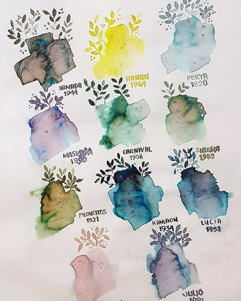 Ink Swatch Ideas, Fountain Pen Ink Swatches, Watercolor Swatches, Ink Swatches, Sketchbook Assignments, Pen Stationary, Dog Pens, Fountain Pens Calligraphy, Eye Photo