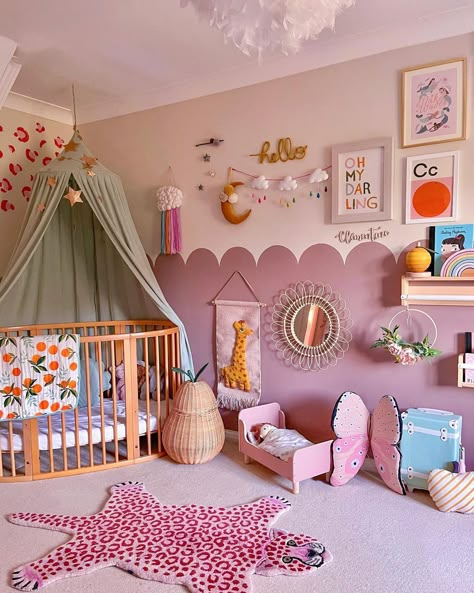 Pop Of Color Nursery, Kids Room Design Colorful, Nursery Ideas Maximalist, Eclectic Girl Nursery, Eclectic Toddler Girl Room, Colourful Toddler Bedroom, Colourful Childrens Bedroom, Girl Nursery Ideas Colorful, Nursery Decor Colourful