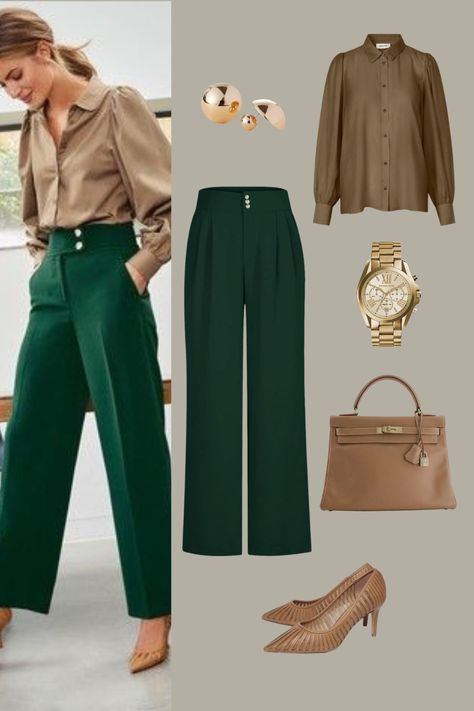 Tan Color Outfits For Women, Outfit Ideas For Green Pants, Pop Of Color Outfits Classy, Olive Green And Tan Outfit, Green Pants Outfit Women Work, Dark Green And Beige Outfit, Dark Green Trousers Outfit Women, Green Trousers Outfit Winter, Tan And Green Outfits