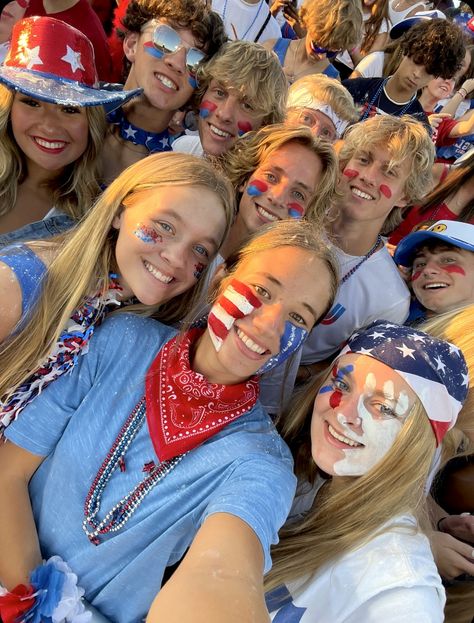 America Spirit Day, American Themed Football Game Outfit, Usa Hoco Theme, Usa Face Paint For Football Games, Usa School Spirit Day, Red White And Blue Theme Football Game, Usa Theme Outfit Football Games Face Paint, Red White And Blue Spirit Week, Usa Day Spirit Week Outfit Face Paint