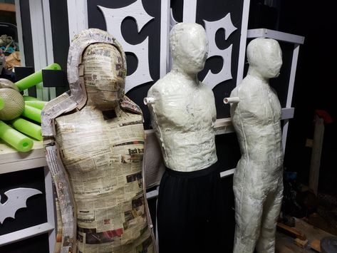 New foam mannequin on the right. Middle one dont 2 weeks ago and the paper mache mold on the left Cardboard Doll, Mannequin Diy, Paper Mache Projects, Halloween Forum, Expanding Foam, Pvc Projects, Vbs 2024, Trim Work, Spray Foam