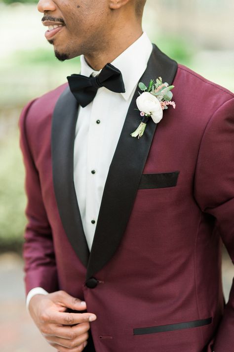 Shannon Moffit Photography | Event Planning: Tomeisha Dean | Floral Design: Black Creek Flowers & Sweets | Groom's Attire: Calvin Klein Burgundy Wedding Suit, Burgundy Suit Wedding, Wedding Suit Ideas, Red Tuxedo, Wedding Tux, Burgundy Tuxedo, Mens Wedding Attire, Groom Wedding Attire, Maroon Wedding