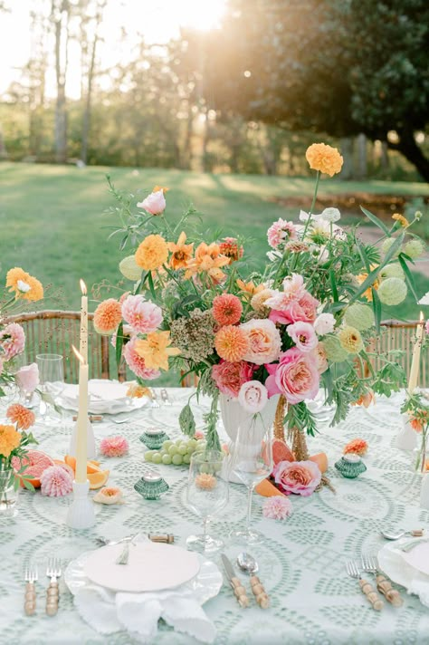 Colorful Muted Wedding, Wedding Ideas Spring Colors, May Wedding Colour Palettes, Spring Wedding Alter Ideas, Sorbet Wedding Colors, Colourful Spring Wedding, Whimsical Modern Wedding, Spring Wedding Pastel Colors, Backyard Wedding Spring