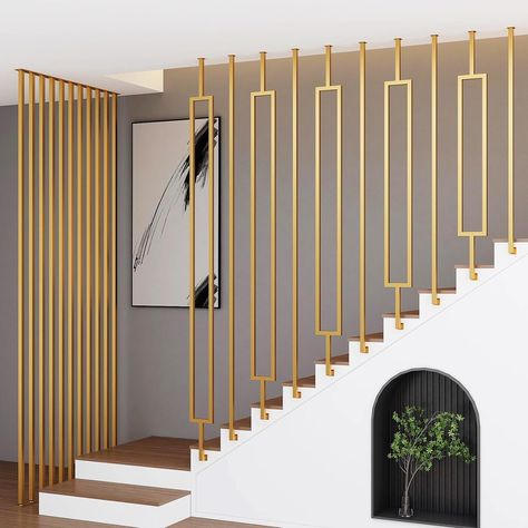 Stair Railings Entrance U-Shaped Stair Handrail Modern Style Square Tube Design Handrail Gold Wrought Iron Decorative Railing For Corridor Attic Porch Safety Hand Rail (Size : 30cm/11.8inch) : Amazon.ca: Tools & Home Improvement Brushed Brass Stair Railing, Stairs Partition Design Modern, Stair Designs Ideas, Modern Hand Rail Design, Duplex Railing Design, Modern Railing Indoor, Modern Railings For Stairs Interiors, Hand Rails For Stairs Modern, Modern Handrails For Stairs