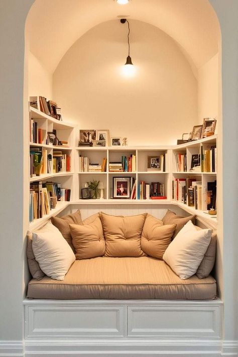 Book Nook Living Room, Cozy Nooks Ideas, Office With Reading Nook, Reading Room Ideas Cozy, Booknook Ideas, Cozy Nook Ideas, Cozy Home Library, Home Library Rooms, Nook Ideas