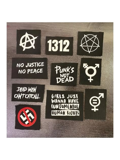 Punk Patches Ideas Grunge, Jacket Patches Punk, Punk Symbols Meaning, Punk Pins Ideas, Patch Design Ideas Punk, Crust Jacket Ideas, Homemade Patches Punk, Punk Pins And Patches, Punk Activism