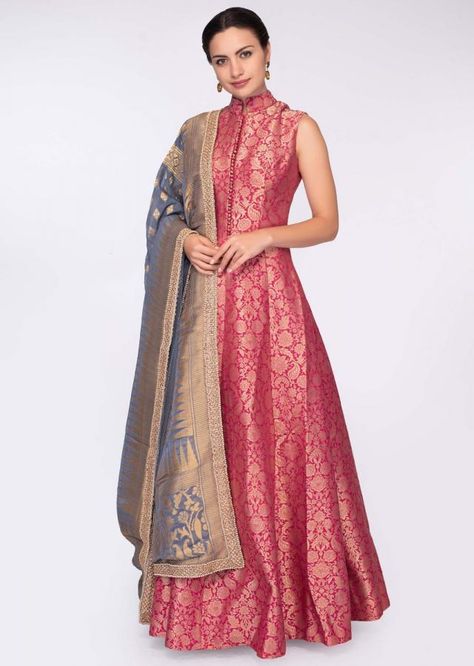 Banarsi Frock Design Indian Style, Broket Design Dress, Brocade Gown Indian, Brocade Designs Dresses, Banarsi Gown Design, Banarsi Anarkali Suits, Banarasi Anarkali Suits, Brocade Anarkali Suits, Banarasi Dress Designs