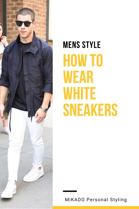 Understanding men's fashion and making getting dressed the easiest part of your day. How to style men's white sneakers with ease. White Trainers Men Outfit, Mens White Sneakers Outfit, White Sneakers Men Outfit, White Sneakers Outfit Men, White Shoes Outfit Men, Monochromatic Outfit Men, White Dress Sneakers, White Tennis Shoes Outfit, White Shoes Outfit