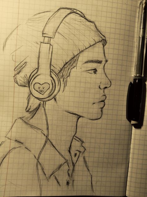 Guy Listening To Music Drawing, Person Wearing Headphones Drawing, Headphones On Neck Reference, Boy With Headphones Drawing, Someone Wearing Headphones, Person With Headphones Drawing, Headphones Drawing Reference, Drawing Of Headphones, Drawing With Headphones