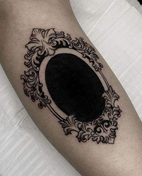 Traditional Style Cover Up Tattoo, Traditional Cover Up Tattoo Black, Cover Chest Tattoo, Round Tattoo Cover Up Ideas, Dark Surrealism Tattoo Design, White Ink Over Black Tattoo Cover Up, Black And White Cover Up Tattoo, Ornate Mirror Tattoo, Metal Tattoos For Women