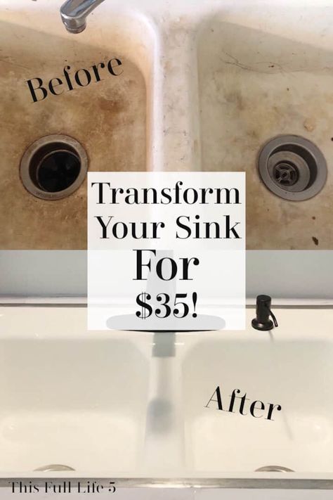 How to Resurface Your Kitchen Sink - This Full Life 5 Kitchen Sink Upgrade, Painting A Sink, Farm Style Sink, Porcelain Kitchen Sink, Kitchen Sink Remodel, Sink Remodel, Kitchen Sink Diy, Farm Style Kitchen, Cast Iron Kitchen Sinks