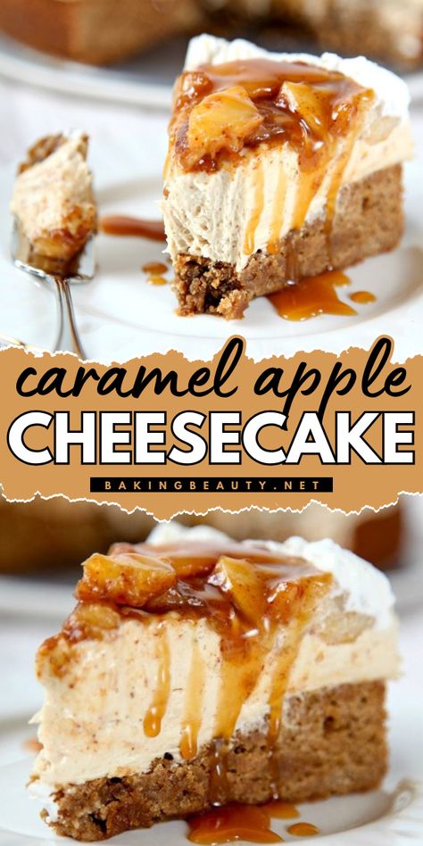 Savor the creamy goodness of this Caramel Apple Cheesecake, featuring a cinnamon blondie crust, cinnamon apples, and a decadent caramel drizzle. It’s a must-try for anyone indulging in simple fall desserts! Simple Fall Desserts, Easy Caramel Apple Cheesecake, Caramel Apple Cheesecake Recipes, Homemade Caramel Apple, Apple Cheesecake Recipes, Cheesecake Tacos, Easy Pies, Slice Of Cheesecake, Autumn Desserts