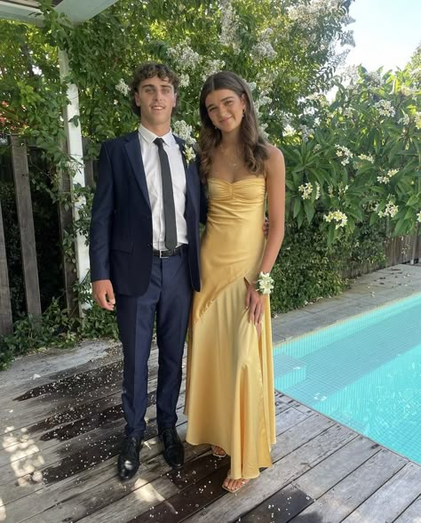 70s Style Formal Dresses, Graduation Dresses Australia, Light Yellow Satin Prom Dress, Kay Stratford Prom Dress, Australian Formal Aesthetic, Yellow Gala Dress, Bandeau Prom Dress, Prom Inspo 2023, School Banquet Outfit