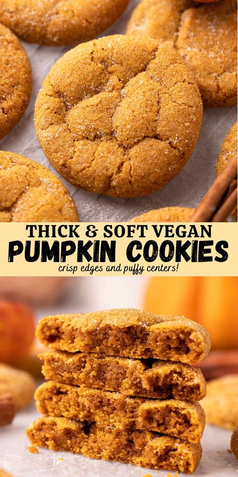 These soft and chewy vegan pumpkin cookies have crisp edges, puffy centers, and are packed with pumpkin puree! They are made with simple ingredients and are the perfect Fall treat. But Free Desserts, Easy Vegan Pumpkin Cookies, Vegan Pumpkin Cookies Healthy, Pumpkin Puree Recipes Vegan, Vegan Drop Cookies, Vegan Pumpkin Sugar Cookies, Easy Delicious Vegan Meals, Vegan Pumpkin Oatmeal Cookies, Easy Vegan Sweet Treats