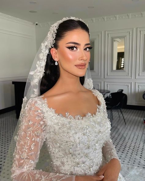 Wedding Head Peice, Arabic Bride Hairstyles, Hijab With Crown Wedding, Lebanese Bridal Hair, Long Sleeve Wedding Dress And Veil, Bridal Dresses Long Sleeve, Arab Bridal Hair, Long Sleeve Wedding Dress Hairstyle, Elegant Bridal Hairstyles For Long Hair