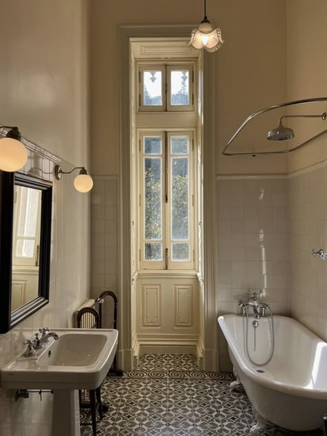 Brownstone Primary Bathroom, Prewar Bathroom Nyc, Brooklyn Brownstone Bathroom, Mirror In Shower Ideas, French Apartment Bathroom, New York Bathroom Ideas, Brownstone Homes Interior, Apartment Aesthetic Cozy Bathroom, Small French Apartment