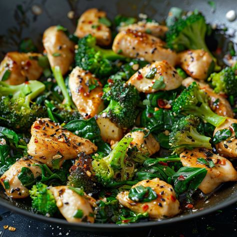 Garlic chicken with broccoli and spinach recipe Chicken Garlic Spinach Recipes, Lemon Pepper Chicken And Broccoli, Chicken And Broccoli Recipes Whole 30, Brocolli Meal Ideas, Ww Chicken Spinach Recipes, Chicken Veggie Recipes Healthy, Chicken And Broccoli Diet Plan, Meal Ideas With Spinach, Chicken Broccoli Spinach Recipe