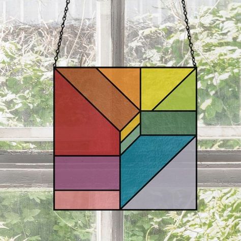 Modern Stained Glass Patterns on Instagram: "New pattern! This minimalist square is the optical geometric pattern. A client had asked me to design more geometric patterns for beginners with straight lines and up to 13 pieces for a class she's teaching. I am ON IT 😂 Of course then I had to throw a bunch of color on it because I'm me! Now available in the Etsy shop and on the website 🎉 #stainedglass #pattern #patterndesign #stainedglasspattern #beginner #square #rainbow #colors" Geometric Window Design, Stained Glass Art Square, Straight Line Stained Glass Patterns, Stained Glass Squares, Stained Glass Modern Design, Stained Glass Simple Patterns, Simple Stained Glass Pattern, Stained Glass Beginner Patterns, Easy Stained Glass Patterns For Beginners