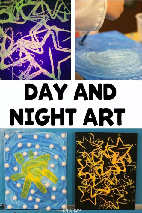 Explore the concept of day versus night with this day and night art project for preschool, pre-k, and kindergarten kids. Make it as a collaborative project or an individual one during your next space or day/night unit. Click on the Fun-A-Day.com link for more information. Day Night Craft Preschool, Preschool Night And Day Theme, Day And Night Crafts Preschool, Day Night Activities For Preschool, Day Vs Night Preschool, Day And Night Activities, Preschool Day And Night Craft, Teaching Day And Night Preschool, Day And Night Kindergarten