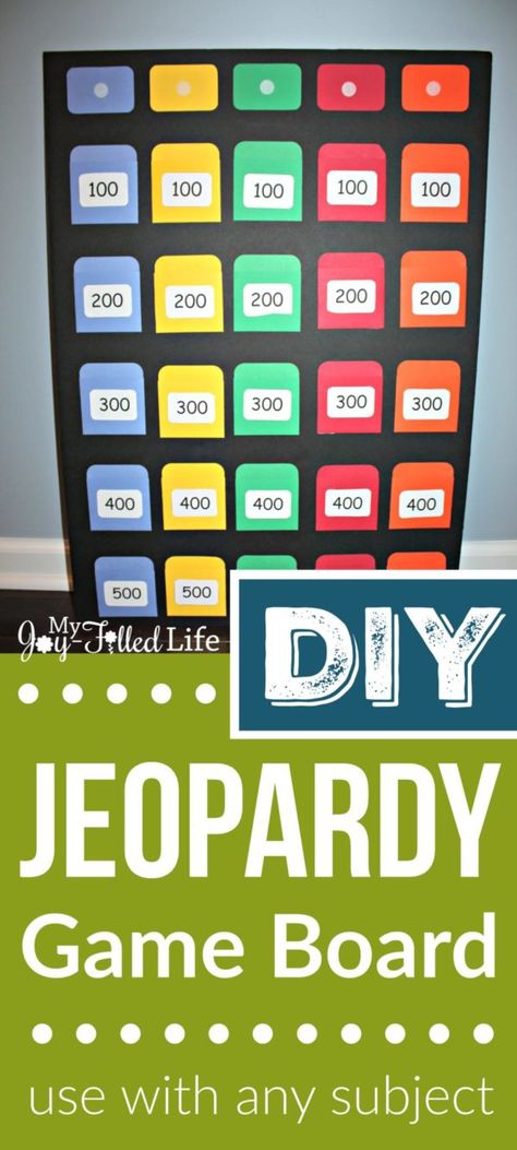 DIY Jeopardy Game Board - My Joy-Filled Life Homemade Jeopardy Board, Gameboard Template, Jeopardy For Kids, Jeopardy Board, Homemade Board Games, Christmas Games For Adults, Math Board Games, Jeopardy Game, Board Games Diy