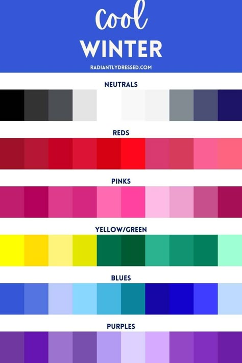 Vivid Winter Color Palettes, True Cool Winter Color Palette, Palette Winter Cool, True Winter Color Palette Makeup, Winter Cool Palette, Winter Season Color Palette, Cool Winter Wardrobe, Winter Color Palette Capsule Wardrobe, Winter Color Palette Clothes