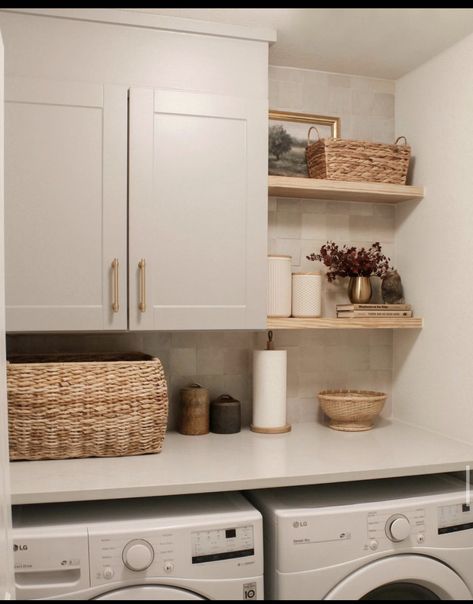 Small Laundry Room Backsplash, Laundry Room Organic Modern, Light And Airy Laundry Room, Laundry Room Storage Room Combo, Sleek Laundry Room, Laundry Room Ideas Simple, Small Laundry Room Design Top Loader, Farmhouse Small Laundry Room Ideas, Simple Laundry Room Design