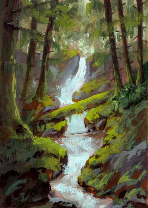 Rainforest Waterfall Painting, Rainforest With Waterfall, Rainforest Background Drawing, Impressionist Digital Art, Waterfall Reference, Rainforest Drawing, Rainforest Watercolor, Rainforest Painting, Rainforest Waterfall