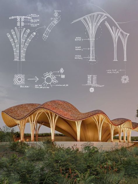 Tree Architecture Design, Tree Like Architecture, Bamboo Column Design, Naturalism Architecture, Tree Like Structure, Tree Column Design, Roof Opening Design, Bamboo Pavilion Design, Organic Roof Architecture