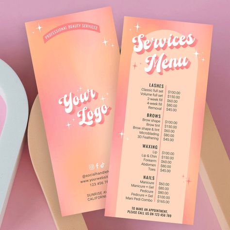 Price List Design Graphics, Fonts Groovy, Price List Template Design, Rack Card Design, Pink Salon, Pricing List, Price List Design, Salon Price List, Groovy Design