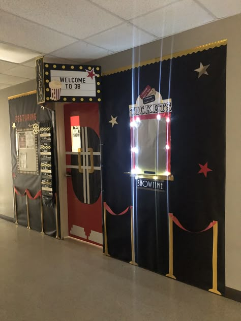 Movie theater classroom with working ticket booth lights! Classroom Drive In Movie, Classroom Movie Party, Movie Theater Ticket Booth, School Gym Movie Night, Movie Theater Decorations Party, Movie Theater Door Decoration, Classroom Movie Theater, Movie Classroom Transformation, Ticket Booth Door Decoration