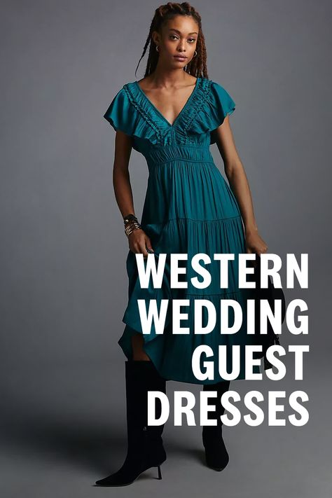 Country Casual Outfits Wedding, Southwest Wedding Guest Dress, Country Wedding Dresses For Guests, Farm Wedding Outfits Guest, Western Boho Wedding Guest Outfit, Country Theme Wedding Outfits Guest, Texas Attire Women, Barn Wedding Guest Dress Summer, Western Wear Wedding Guest