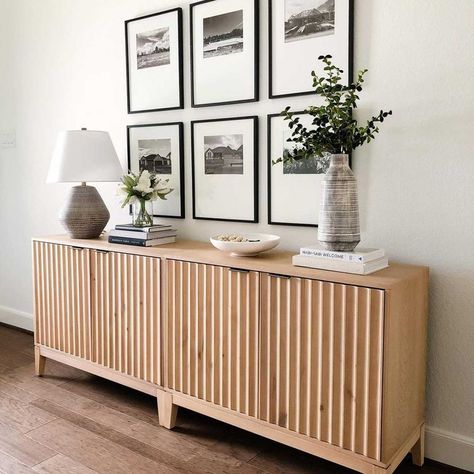 Living Room With Buffet Cabinet, Light Wood Buffet Table, Restoration Hardware Cabinet Living Room, Entrance Buffet Decor, Minimal Organic Modern Living Room, Sideboard Styling Hallway, Modern Boho Storage, Hallway Buffet Decor, Furniture For Large Wall Space