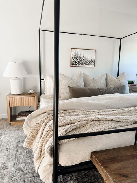 Guest Bed Inspiration, Bed With Body Pillow Decor, How To Decorate King Bed With Pillows, Earthy Bedroom Black Bed Frame, Rustic Canopy Bed, Beige Room With Black Accents, Neutral Bed Styling, Layering Your Bed, Bed With Body Pillow