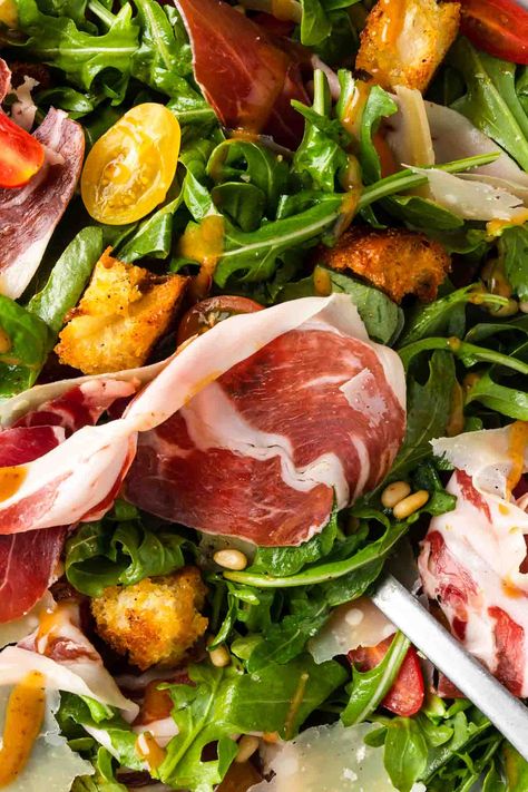 Arugula And Prosciutto Salad, Prosciutto Salad Recipes, Unique Pasta Salad, Creamy Balsamic Vinaigrette, Prosciutto Salad, Arugula Pasta, Salad With Balsamic Dressing, Delicious Salad Dressings, Green Salad Recipes