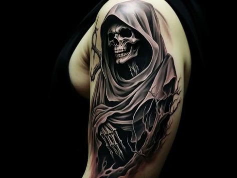 grim reaper tattoo meaning Grim Reaper Tattoo Sleeve Men, Grim Reaper And Woman Tattoo, Shade Tattoo Ideas, Reaper Shoulder Tattoo, Metal Tattoos For Guys, Cover Up Designs Tattoo, Cover Up Tattoo Ideas For Men, Santisima Muerte Tattoo, Grim Reaper Tattoo Designs Drawings