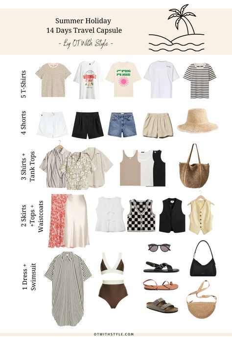 What to pack for a fourteen-day summer vacation? Pack with me a summer travel capsule wardrobe in a casual minimalist style using the 5-4-3-2-1 packing system. Summer Packing List 1 Week Beach, Packing 5 4 3 2 1, 3 Day Beach Trip Outfits, Capsule Summer Wardrobe Travel Packing, 5 4 3 2 1 Packing Summer, Summer Outfit Vacation, How To Pack For Vacation, 5 4 3 2 1 Packing, Beach Holiday Capsule Wardrobe