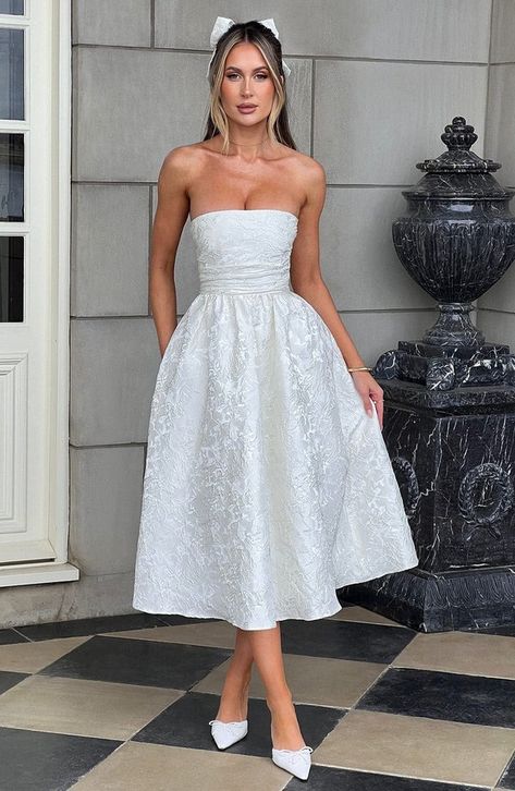 Dresses | Buy Dresses Online – BABYBOO Wedding Tea Length Dress, Sachin & Babi Gemma Strapless Back-bow Pearl Midi Dress, White Dress After Party, Rehearsal Dinner Dress Fall Bride, Square Neck Reception Dress, Bridal Reception Dress Midi, Bridal White Outfits, Rehearsal Dress Bride, Off White Cocktail Dress