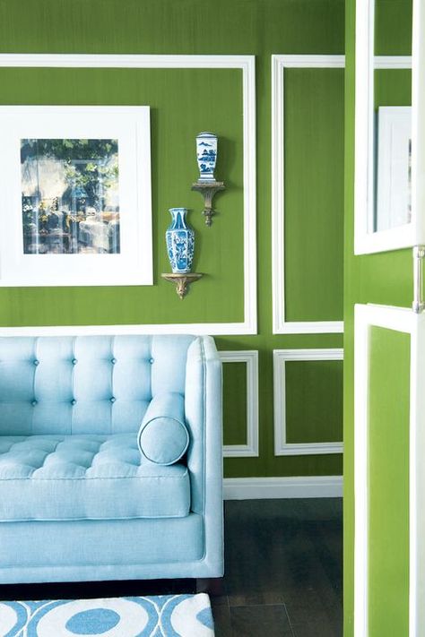 Green, Blue, Aqua, Turquoise, Room, Yellow, Teal, Wall, Interior design, Furniture, Bright Green Paint Colors, Popular Green Paint Colors, Bright Green Paint, Green Walls Living Room, Green Painted Walls, Popular Living Room, Living Room Wall Color, House Beautiful Magazine, Popular Paint Colors