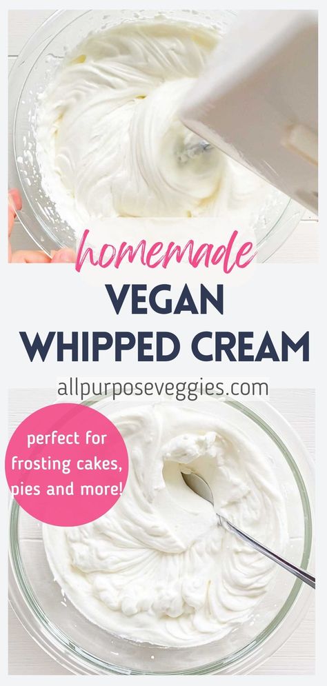 Here's a simple vegan vanilla whipped cream that whips up beautifully to create fluffy clouds of delight for your favorite plant-based desserts - rich and sweet, all without a hint of dairy!  Whether you're already vegan or exploring dairy-free options, Dairy Free Whipped Cream is your go-to choice for creating heavenly whipped toppings for pies, cakes, and more. Dairy Free Whipped Cream, Alpha Gal, Ice Cream Vegan, Vegan Hot Chocolate, Vegan Whipped Cream, Recipes With Whipping Cream, Homemade Vanilla Extract, Vanilla Whipped Cream, Vegan Pancakes