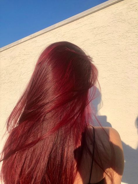 Red Maroon Hair Burgundy, Intense Cherry Red Hair, Wine Red Hair Aesthetic, Red Cherry Hair Color, Long Red Hair Aesthetic, Cherry Red Hair Aesthetic, Cherry Red Hair With Blonde Highlights, All Red Hair, Red Hair Without Bleach