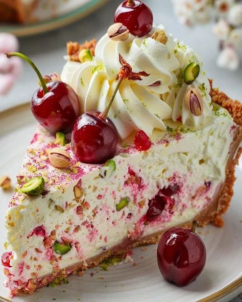 Lemon-Lime Cherry Pistachio Cheesecake Recipe | Delightful Dessert Pistachio Cheesecake Recipe, Italian Cheesecake, Cherry Pistachio, Cheesecake With Whipped Cream, Pistachio Cheesecake, Biscuits Graham, Dairy Free Cream, Cherry Cheesecake, Refreshing Desserts