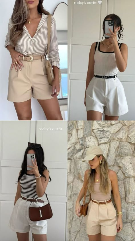 Women Shorts Outfit Classy, Trouser Shorts Outfit Summer, Trouser Shorts Outfit High Waist, Libra Rising Style Outfits, Short Trousers Outfit Women, Libra Venus Style Outfits, Capricorn Venus Outfits, Outfits Para Brunch, Outfit Para Brunch