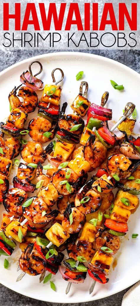 Hawaiian Shrimp Kabobs with a grill time of 5 MINUTES! They are sweet and tangy, succulent morsels that will whisk your taste buds away to the tropics (great for entertaining)! boring chicken here! #recipeoftheday #recipeideas #recipesfordinner #dinner #dinnerrecipes #dinnerideas #dinnertime #grilling #kabobs #chickenkabobs #grilledchicken #skewers #shrimp #grilledshrimp #shrimpkabobs #shrimpskewers #shrimprecipes Grilling Recipes Dinner, Summer Grilling Recipes Dinner, Hawaiian Shrimp, Grilled Shrimp Kabobs, Shrimp Kabob Recipes, Shrimp Skewer Recipes, Shrimp Kabobs, Grilled Shrimp Skewers, Grilling Kabobs