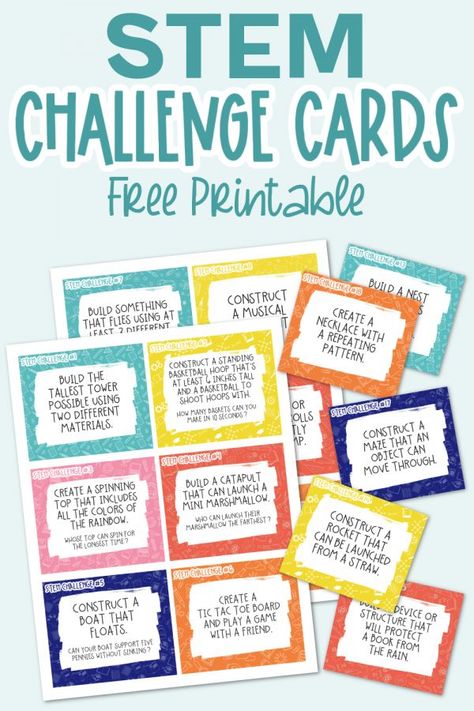 Help get children excited about science, technology, engineering, and science with these free STEM Challenge Cards. 24 fun STEM activities! Diy Stem Bins, Stem Day Activities For Kids, Stem Challenge Cards, Lego Stem Challenge, Capm Exam, Steam Night, Busy Bins, Stem Bins, Fun Stem Activities