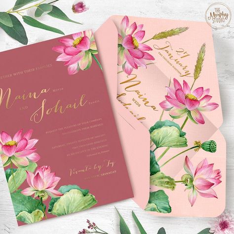 Lotus theme wedding invitation Rig Veda, Lotus Wedding, Original Wedding Invitations, Engagement Invite, Wedding Card Design Indian, Wedding Card Ideas, Illustrated Wedding Invitations, Wedding Invitation Trends, Marigold Flowers