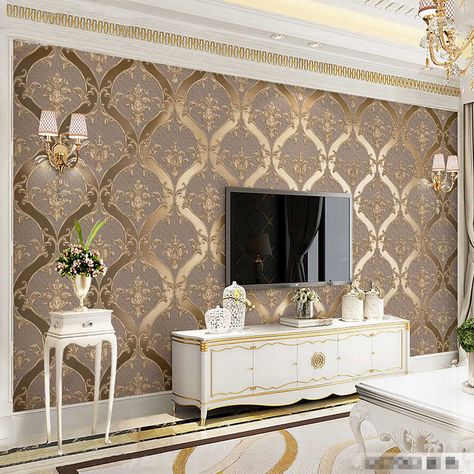 Gold Wallpaper Living Room, Creative Curtains, European Wallpaper, Room Wallpaper Designs, Wallpaper Designs For Walls, 3d Wallpaper Design, 3d Wallpaper Living Room, Living Room Wall Designs, Redecorating Ideas