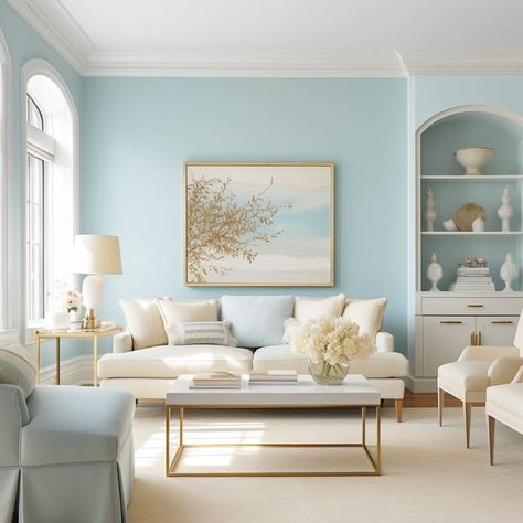 Curious about what accent colors go well with light blue walls? We’ve got a list of amazing color combinations that will bring your space to life! Seafoam Blue Living Room, Light Blue Accent Wall Living Room, Blue Living Room Paint Colors, Baby Blue Living Room, Blue Living Room Paint, Room With Light Blue Walls, Living Room Light Blue, Light Teal Walls, Blue Accent Wall Living Room