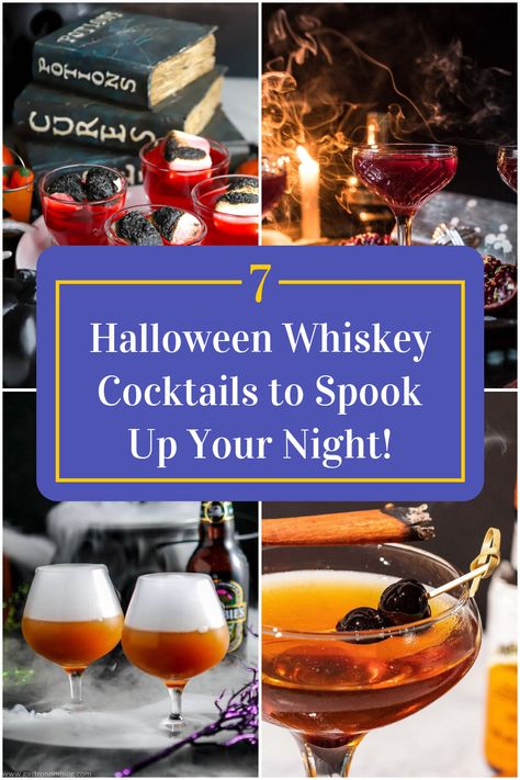 Collage of 4 halloween whiskey cocktails. Halloween Drinks Alcohol Whiskey, Spooky Whiskey Cocktail, Halloween Bourbon Drinks, Halloween Old Fashioned Cocktail, Halloween Cocktail Whiskey, Whiskey Halloween Cocktails, Halloween Drinks With Whiskey, Halloween Themed Cocktail Recipes, Halloween Craft Cocktails