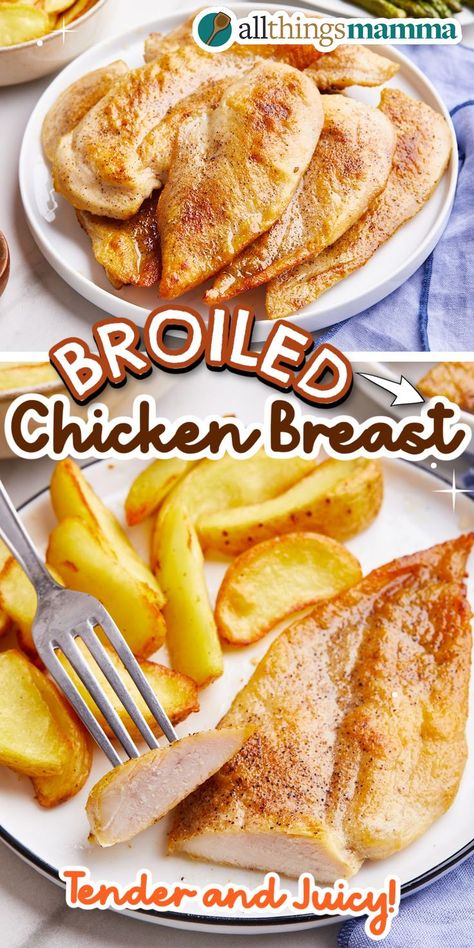 Juicy Broiled Chicken Breast social collage graphic Broiling Chicken In Oven, Broil Chicken In Oven, Broiled Chicken Tenders, Broiled Recipes, Broiled Chicken Recipes, Broil Chicken, Cook Chicken In Oven, Dinner Recipes For Picky Eaters, Broiled Chicken Breast